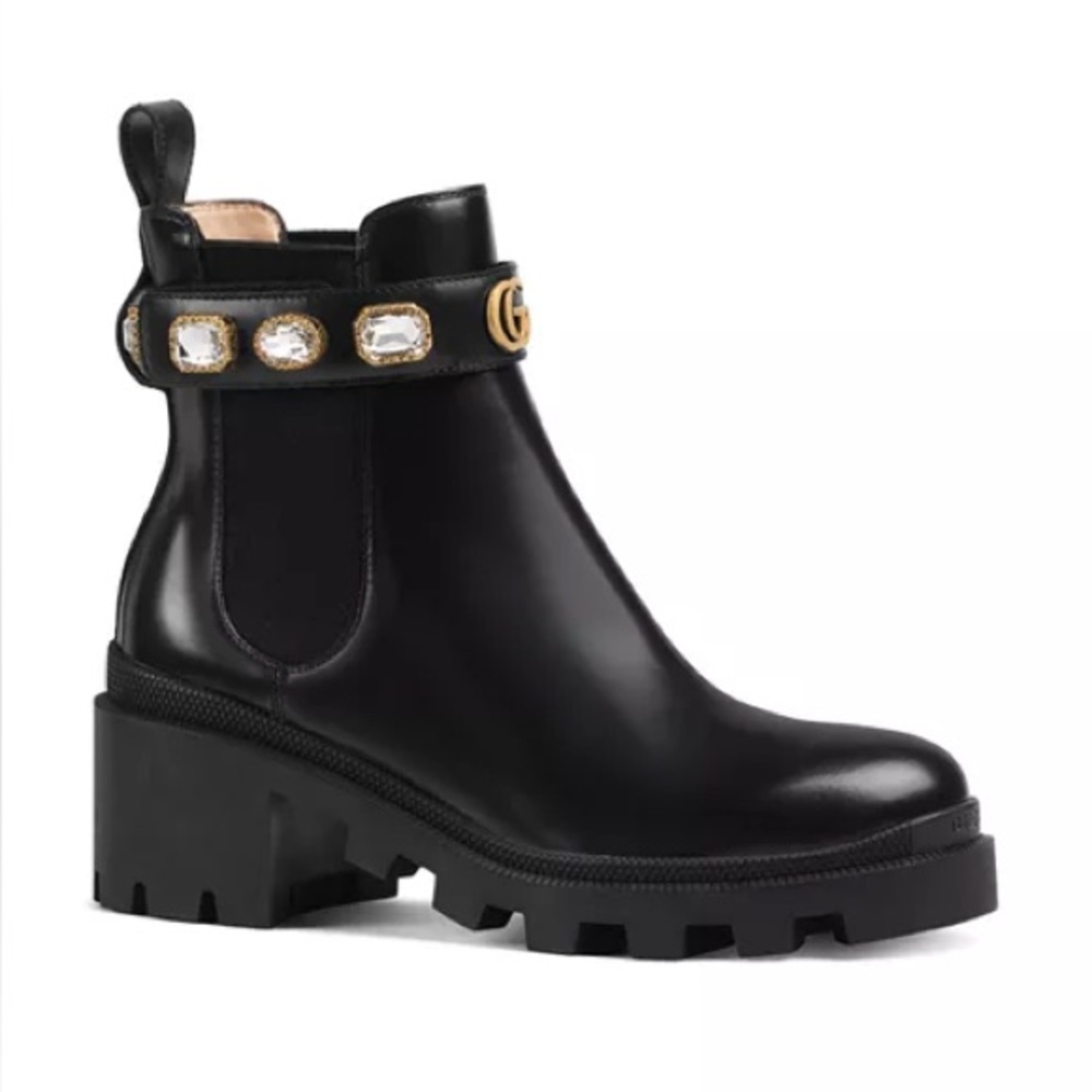 Gucci Calfskin Crystal GG Trip Chelsea Ankle Boots